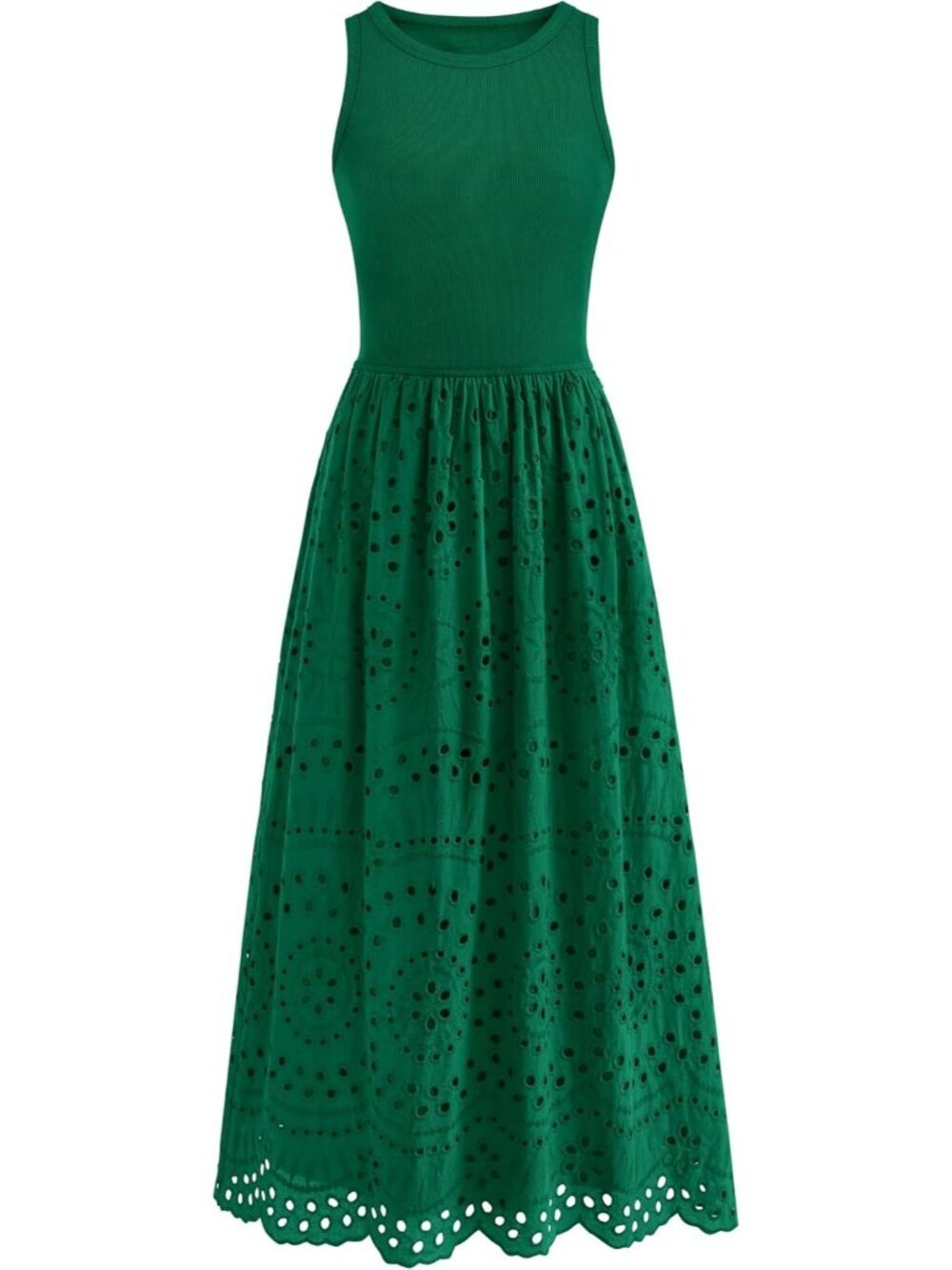 Women's Green Sleeveless Crew Neck Lace Imported A-line Cotton Maxi Dress